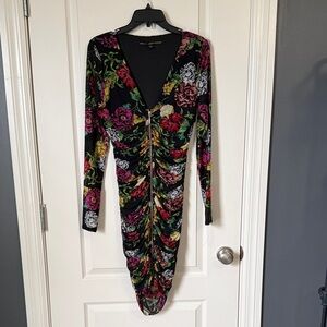Guess Black Floral Ruched Long Sleeve V-Neck Dress